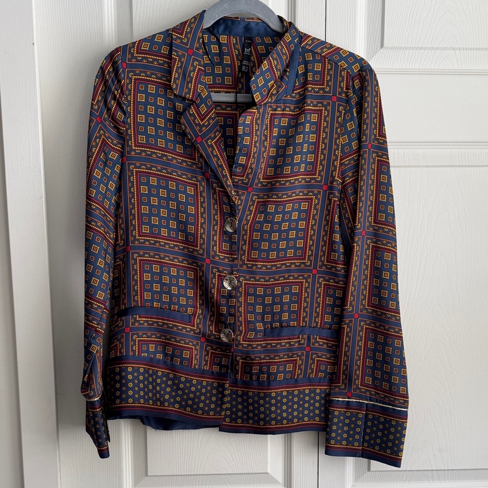 Zara TRF Blue and Yellow Geometric Pajama Shirt